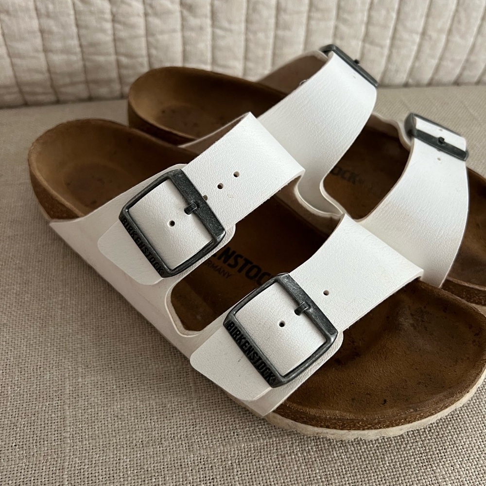 Birkenstocks Arizona Slide Sandals White Silver Buckle 38 - Picture 5 of 8